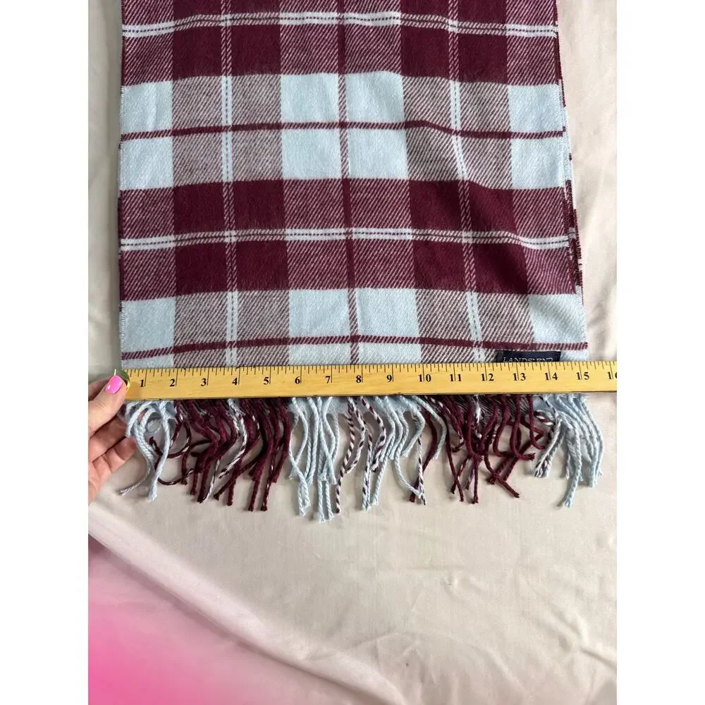 Lands’ End CashTouch Plaid Scarf Burgundy Light Blue Fringe Soft Winter Unisex